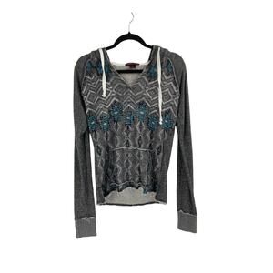Rock & Roll Cowgirl Aztec Western Pocket Lightweight Hoodie Gray Blue Small